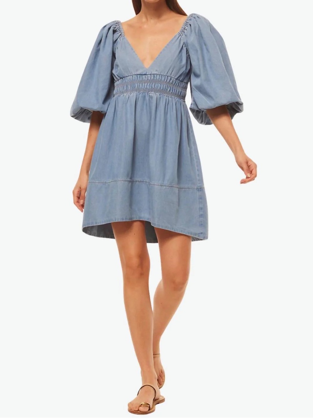 Misa Los Angeles Light Blue V-Neck Smocked Waist Puff-Sleeve Mini Dress
